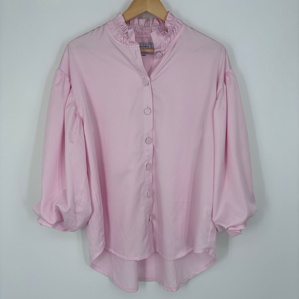 Diane Bailey The Beach House SSI Ruffle Neck Puff Sleeve Blouse Womens XS Pink